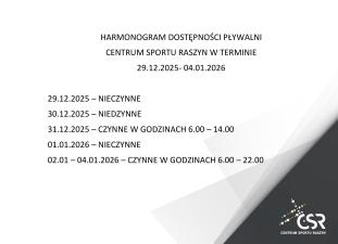 HARMONOGRAM PŁYWALNI W TERMINIE 29.12.2025 - 04.01.2026